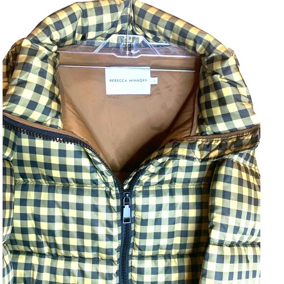 Rebecca Minkoff Puffer Jacket Coat Large Khski Black Tan Gingham Preppy NWOT - Picture 4 of 12